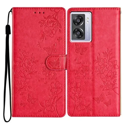 Para Oppo A57 4G / 5G / A77 5G Funda para Teléfono de Cuero con Relieve de Flor de Amor y Mariposa (Rojo)