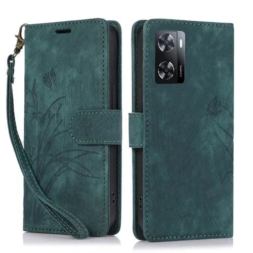 Para Oppo A57 4G / A57S Funda para Teléfono de Cuero con Relieve de Mariposa Orquídea (Verde)
