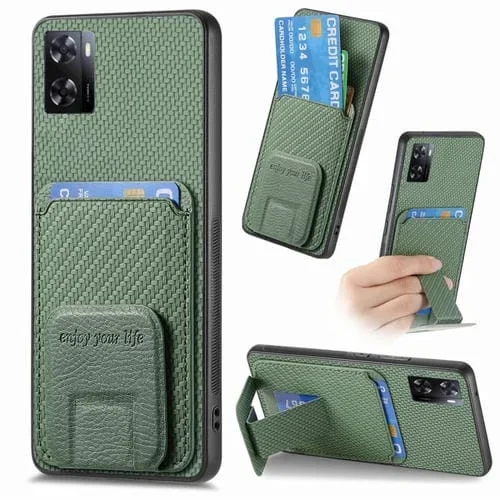 Para Oppo A57 5G Funda para Teléfono con Soporte Plegable y Bolsa para Tarjetas de Fibra de Carbono (Verde)