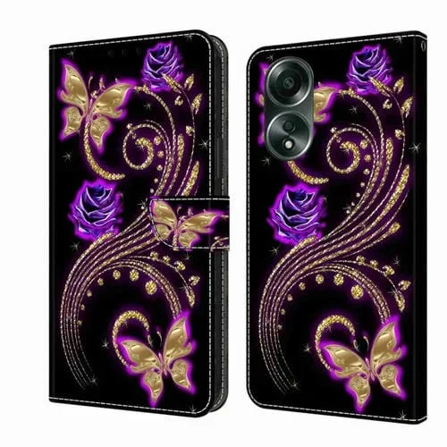 Para Oppo A58 4G Crystal 3D Funda Protectora de Cuero para Teléfono a Prueba de Golpes (Mariposa de Flor Púrpura)