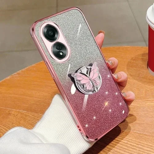 Para Oppo A58 4G Estuche para Teléfono de TPU con Soporte de Mariposa con Brillo Degradado Plateado (Rosa)