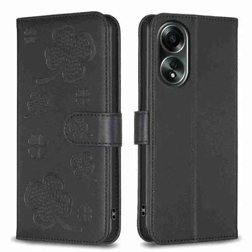 Para Oppo A58 4G Funda de Cuero con Relieve de Cuatro Hojas (Negro)