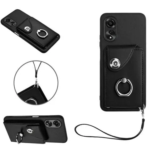 Para Oppo A58 4G Global Organ Card Bag Ring Holder Pu Funda para Teléfono con Cordón (Negro)
