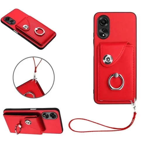 Para Oppo A58 4G Global Organ Card Bag Ring Holder Pu Funda para Teléfono con Cordón (Rojo)