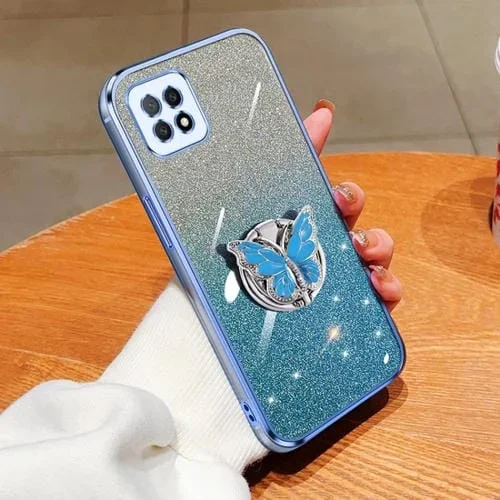 Para Oppo A72 5G Funda para Teléfono de TPU con Soporte de Mariposa con Brillo Degradado Plateado (Azul Sierra)