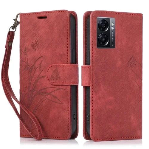 Para Oppo A77 4G / A77S Funda para Teléfono de Cuero con Relieve de Mariposa Orquídea (Rojo)