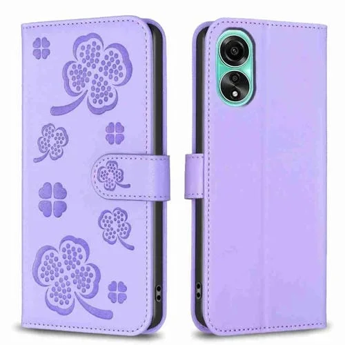 Para Oppo A78 4G Funda de Teléfono de Cuero con Relieve de Cuatro Hojas (Púrpura)