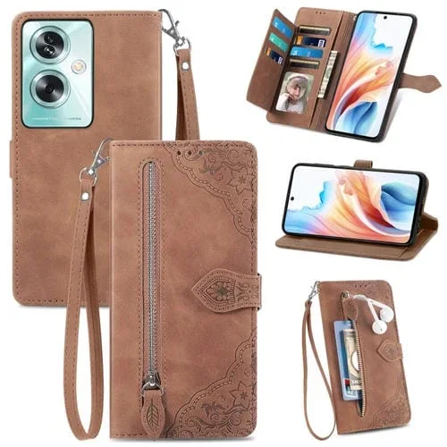 Para Oppo A79 5G / A2 5G Funda de Cuero para Teléfono con Cremallera y Flores En Relieve (Marrón)