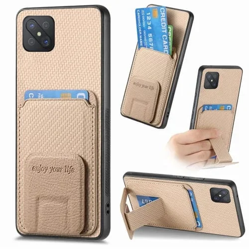 Para Oppo A92S Funda para Teléfono con Soporte Plegable y Bolsa para Tarjetas de Fibra de Carbono (Caqui)