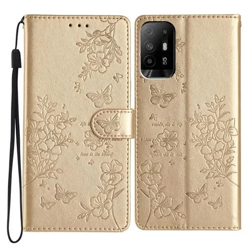 Para Oppo A94 5G Butterfly Love Flower Funda de Cuero para Teléfono En Relieve (Oro)