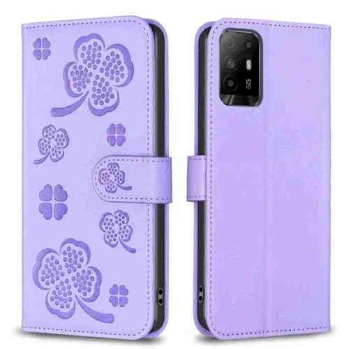 Para Oppo A94 5G / Reno5 Z / F19 Pro + Funda para Teléfono de Cuero En Relieve de Cuatro Hojas (Púrpura)