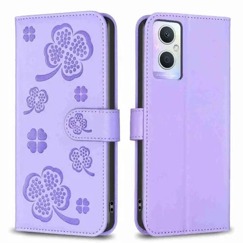Para Oppo A96 5G / Reno7 Z Funda para Teléfono de Cuero con Relieve de Cuatro Hojas (Púrpura)