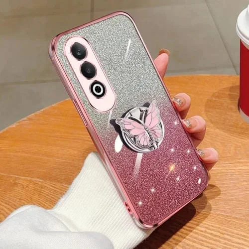 Para Oppo K12 Funda para Teléfono de TPU con Soporte de Mariposa con Brillo Degradado Plateado (Rosa)