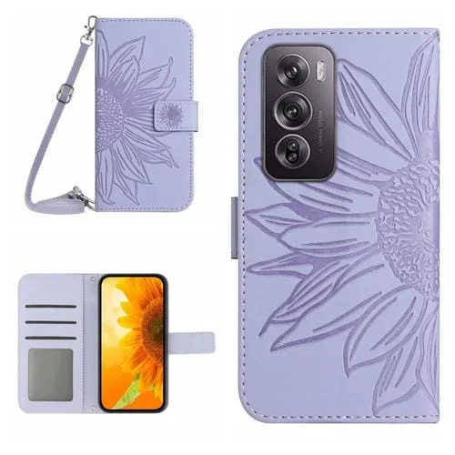 Para Oppo Reno 12 5G Global Skin Feel Funda para Teléfono de Cuero con Tapa En Relieve de Girasol y Cordón (Púrpura)
