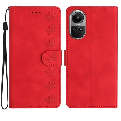 Para Oppo Reno10 5G / Reno10 Pro 5G Funda para Teléfono de Cuero con Relieve Global Seven Butterflies (Rojo)