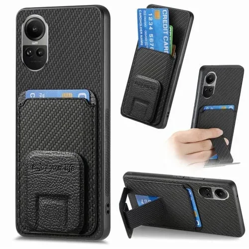 Para Oppo Reno10 Global Funda para Teléfono con Soporte Plegable y Bolsa para Tarjetas de Fibra de Carbono (Negro)
