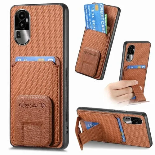Para Oppo Reno10 Pro + Funda para Teléfono con Soporte Plegable y Bolsa para Tarjetas de Fibra de Carbono (Marrón)