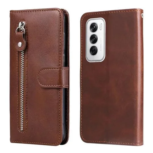 Para Oppo Reno12 5G Funda para Teléfono de Cuero con Cremallera y Textura de Becerro de Moda Global (Marrón)