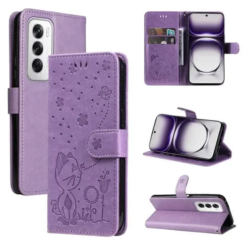 Para Oppo Reno12 5G Global Cat And Bee Funda de Cuero con Tapa En Relieve (Púrpura)