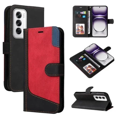 Para Oppo Reno12 5G Global Estuche de Teléfono de Cuero con Empalme de Tres Colores (Negro)