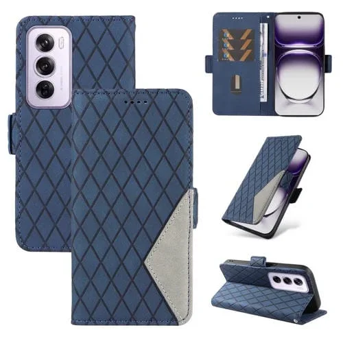 Para Oppo Reno12 5G Global Funda de Cuero con Entramado Rómbico de Dos Colores (Azul)