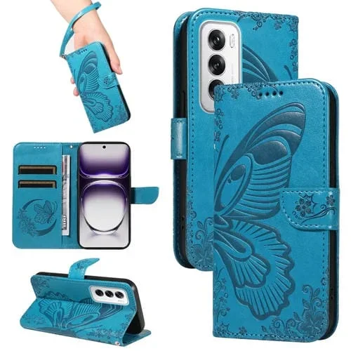 Para Oppo Reno12 5G Global Swallowtail Butterfly Funda de Cuero para Teléfono En Relieve (Azul)