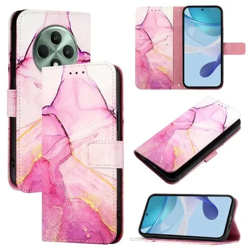 Para Oppo Reno12 F 5G Global Pt003 Funda de Cuero con Tapa con Patrón de Mármol (Rosa, Morado y Dorado)