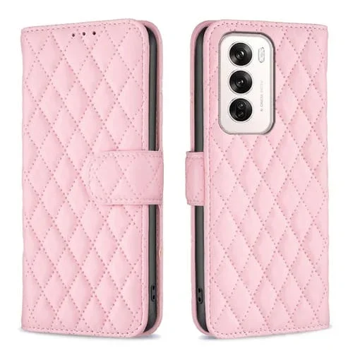 Para Oppo Reno12 Global Diamond Lattice Wallet Funda de Cuero para Teléfono con Tapa (Rosa)