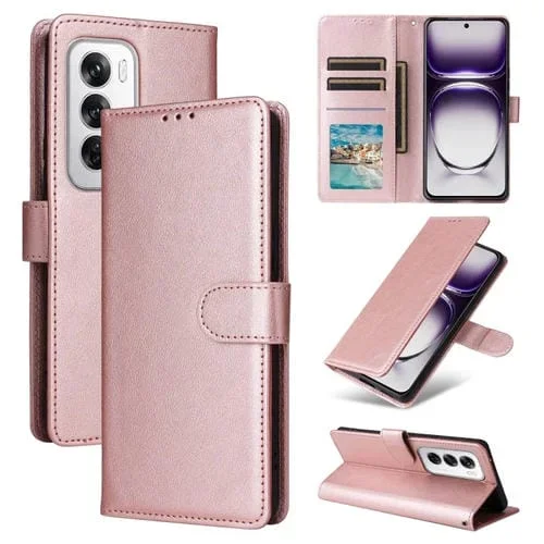 Para Oppo Reno12 Pro 5G Funda para Teléfono de Cuero con Tapa Horizontal Multifuncional Global con Tres Ranuras para Tarjetas (Oro Rosa)