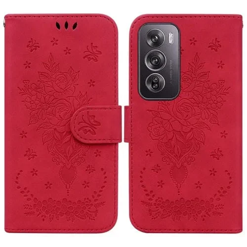 Para Oppo Reno12 Pro 5G Global Butterfly Rose Funda de Cuero para Teléfono En Relieve (Rojo)