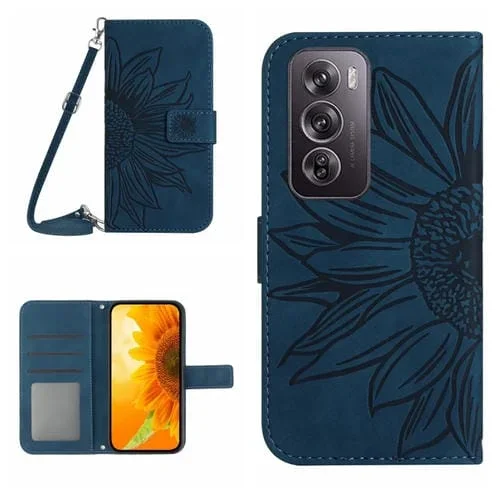Para Oppo Reno12 Pro 5G Global Skin Feel Sun Flower Funda de Cuero con Tapa En Relieve y Cordón (Azul Tinta)