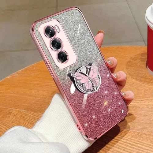 Para Oppo Reno12 Pro Funda para Teléfono de TPU con Soporte de Mariposa con Brillo Degradado Plateado Global (Rosa)