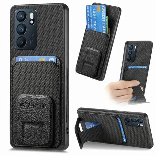 Para Oppo Reno6 5G Funda para Teléfono con Soporte Plegable y Bolsa para Tarjetas de Fibra de Carbono (Negro)