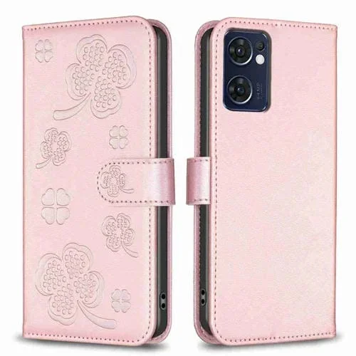 Para Oppo Reno7 5G / Find X5 Lite Funda de Cuero con Relieve de Cuatro Hojas para Teléfono (Rosa)