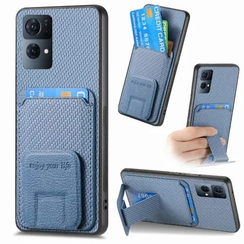 Para Oppo Reno7 Pro 5G Funda para Teléfono con Soporte Plegable y Bolsa para Tarjetas de Fibra de Carbono (Azul)