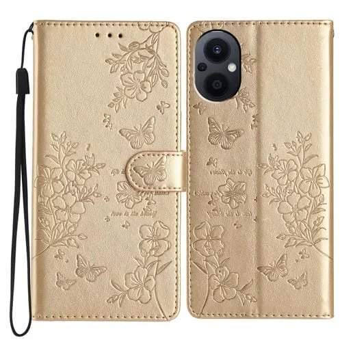 Para Oppo Reno8 Lite 5G Funda para Teléfono de Cuero con Relieve de Flor de Amor y Mariposa (Dorado)