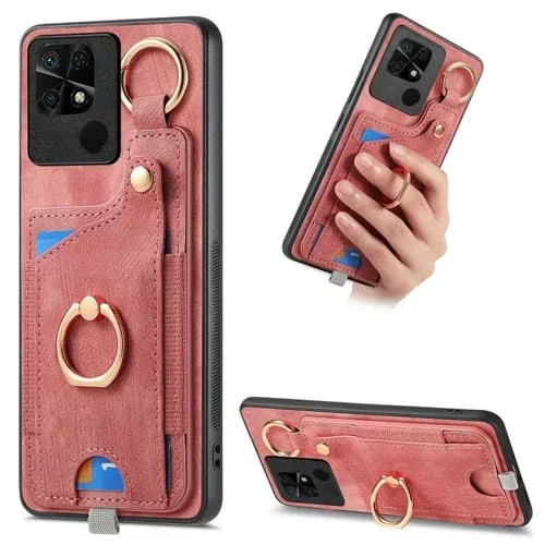 Para Redmi 10C Funda para Teléfono con Bolsa para Tarjeta con Anillo y Sensación de Piel Retro con Lazo para Colgar (Rosa)