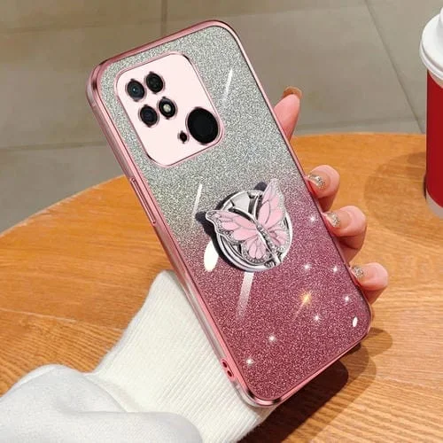 Para Redmi 10C Funda para Teléfono de TPU con Soporte de Mariposa con Brillo Degradado Plateado (Rosa)