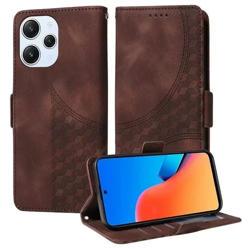 Para Redmi 12 4G / 5G / Note 12R Funda para Teléfono de Cuero Estrellado con Rombos En Relieve (Marrón)