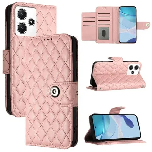 Para Redmi 12 4G Global / India Funda para Teléfono con Tapa de Cuero con Textura Rómbica y Cordón (Rosa Coral)