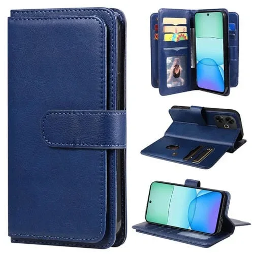 Para Redmi 13 4G Global Cartera Multifunción 10 Ranuras para Tarjetas Funda de Cuero para Teléfono (Azul Oscuro)