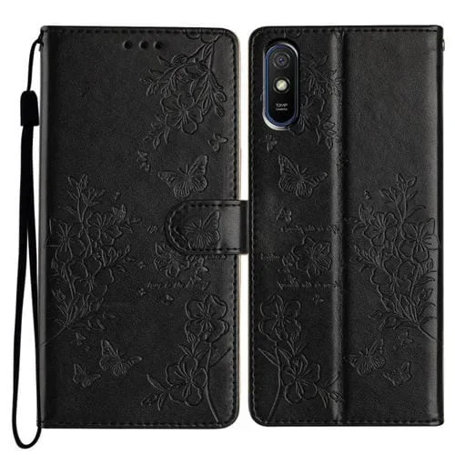 Para Redmi 9A Funda de Cuero para Teléfono con Mariposas y Flores (Negro)