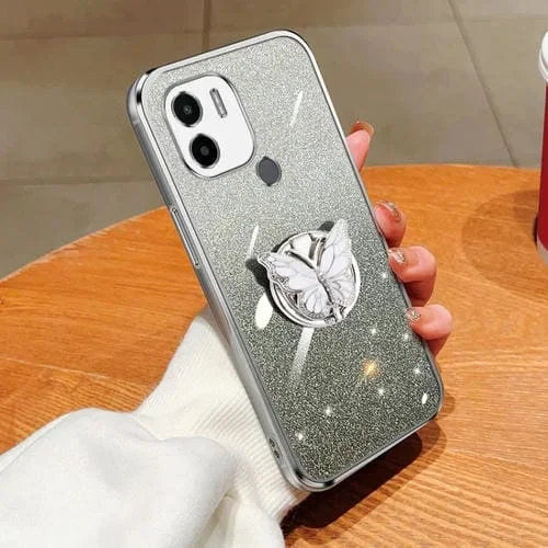 Para Redmi A1 + Funda para Teléfono de TPU con Soporte de Mariposa con Brillo Degradado Plateado (Plata)