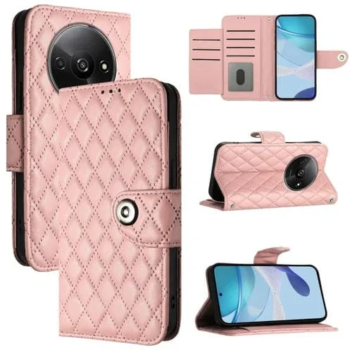 Para Redmi A3 Estuche para Teléfono de Cuero con Tapa con Textura Rómbica y Cordón (Rosa Coral)