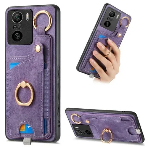 Para Redmi K40 Funda para Teléfono con Bolsa para Tarjeta con Anillo y Sensación de Piel Retro con Lazo para Colgar (Púrpura)