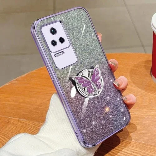 Para Redmi K50 / K50 Pro Funda para Teléfono de TPU con Soporte de Mariposa con Brillo Degradado Plateado (Púrpura)