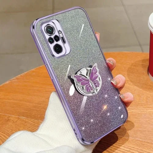 Para Redmi Note 10 Pro 4G Funda para Teléfono de TPU con Soporte de Mariposa con Brillo Degradado Plateado (Púrpura)