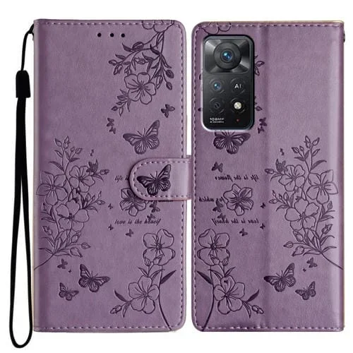 Para Redmi Note 11 Pro 5G Funda de Cuero para Teléfono con Mariposas y Flores Globales (Púrpura)