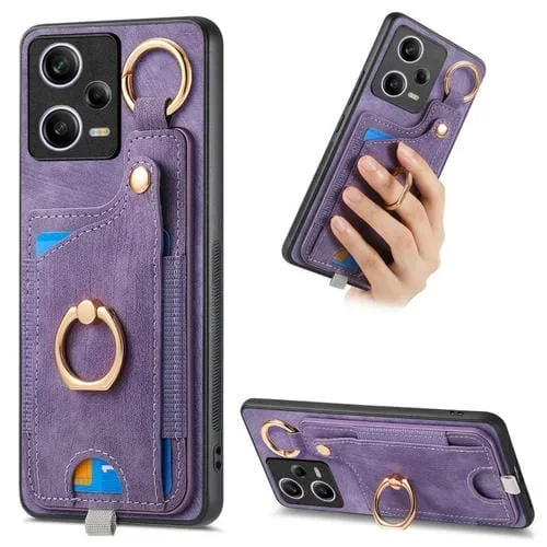 Para Redmi Note 12 Pro 5G Funda para Teléfono con Bolsa para Tarjeta con Anillo y Sensación de Piel Retro con Lazo para Colgar (Púrpura)