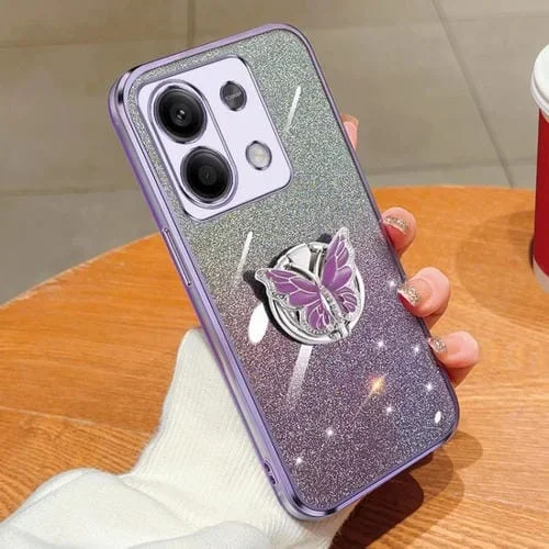 Para Redmi Note 13 Funda para Teléfono de TPU con Soporte de Mariposa con Brillo Degradado Plateado (Púrpura)